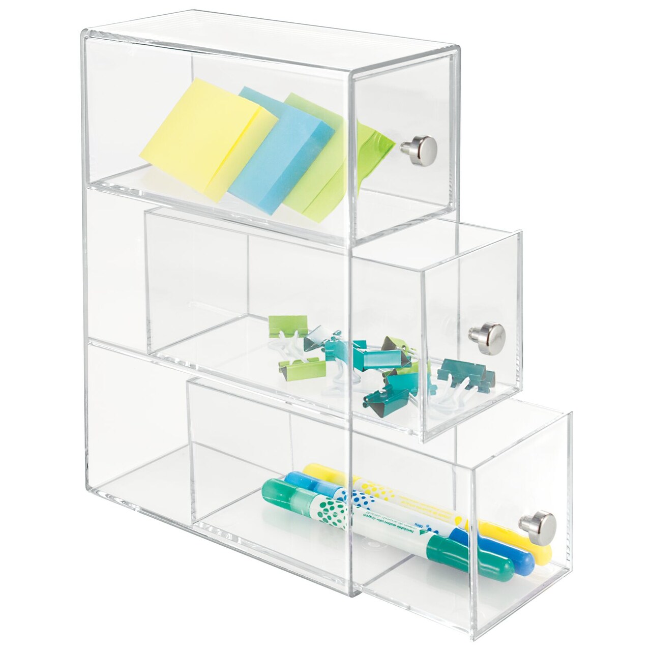 mDesign Plastic Stackable Desktop Storage Tower for Office, 3 Drawers, Clear